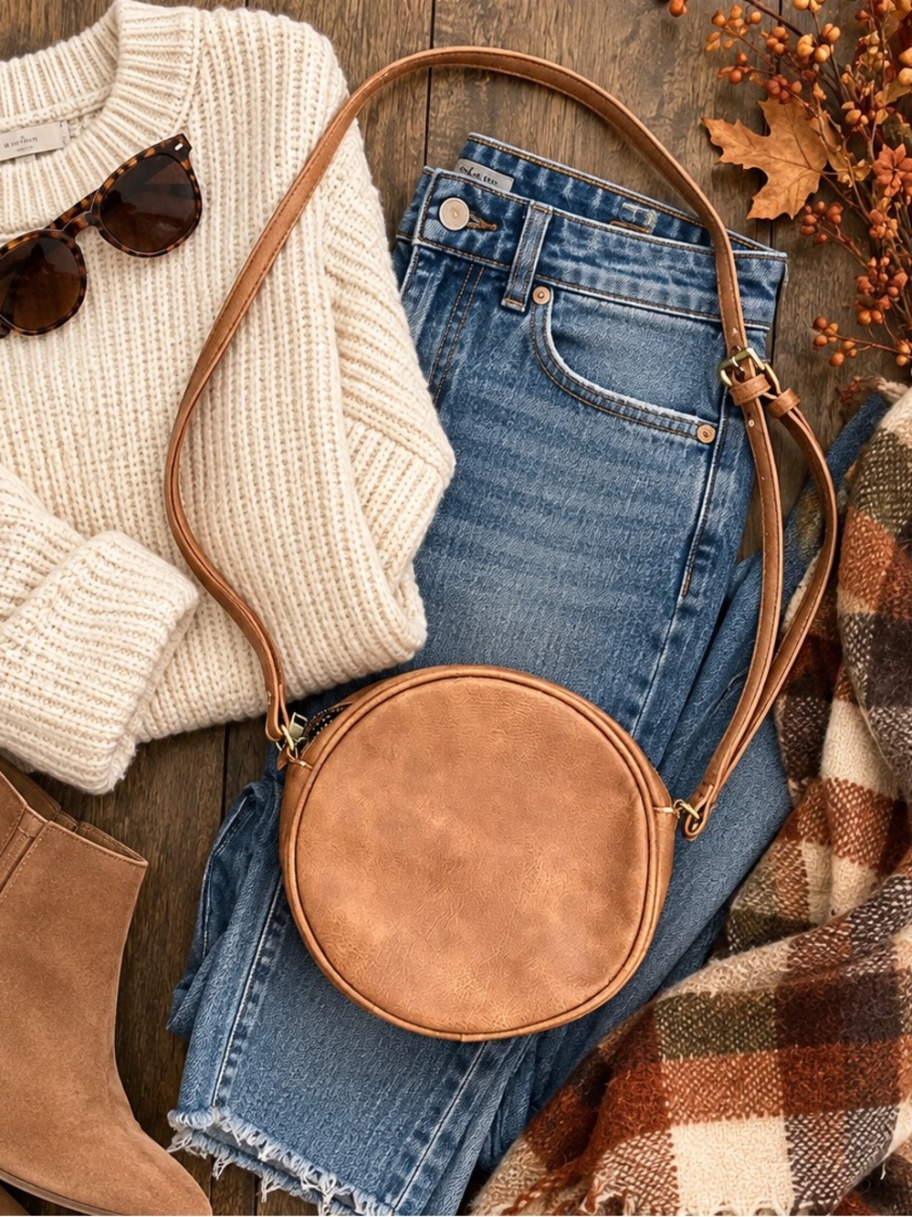Antik Kraft Round Crossbody Bag Cognac Brown Vegan Leather Adjustable Strap EUC